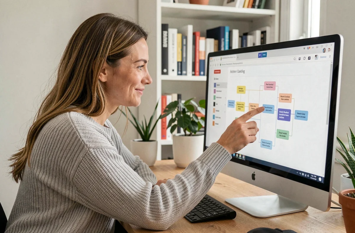 Femme naviguant sur une page sitemap bien structurée sur un grand écran dans un bureau à domicile moderne