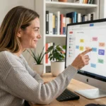 Femme naviguant sur une page sitemap bien structurée sur un grand écran dans un bureau à domicile moderne