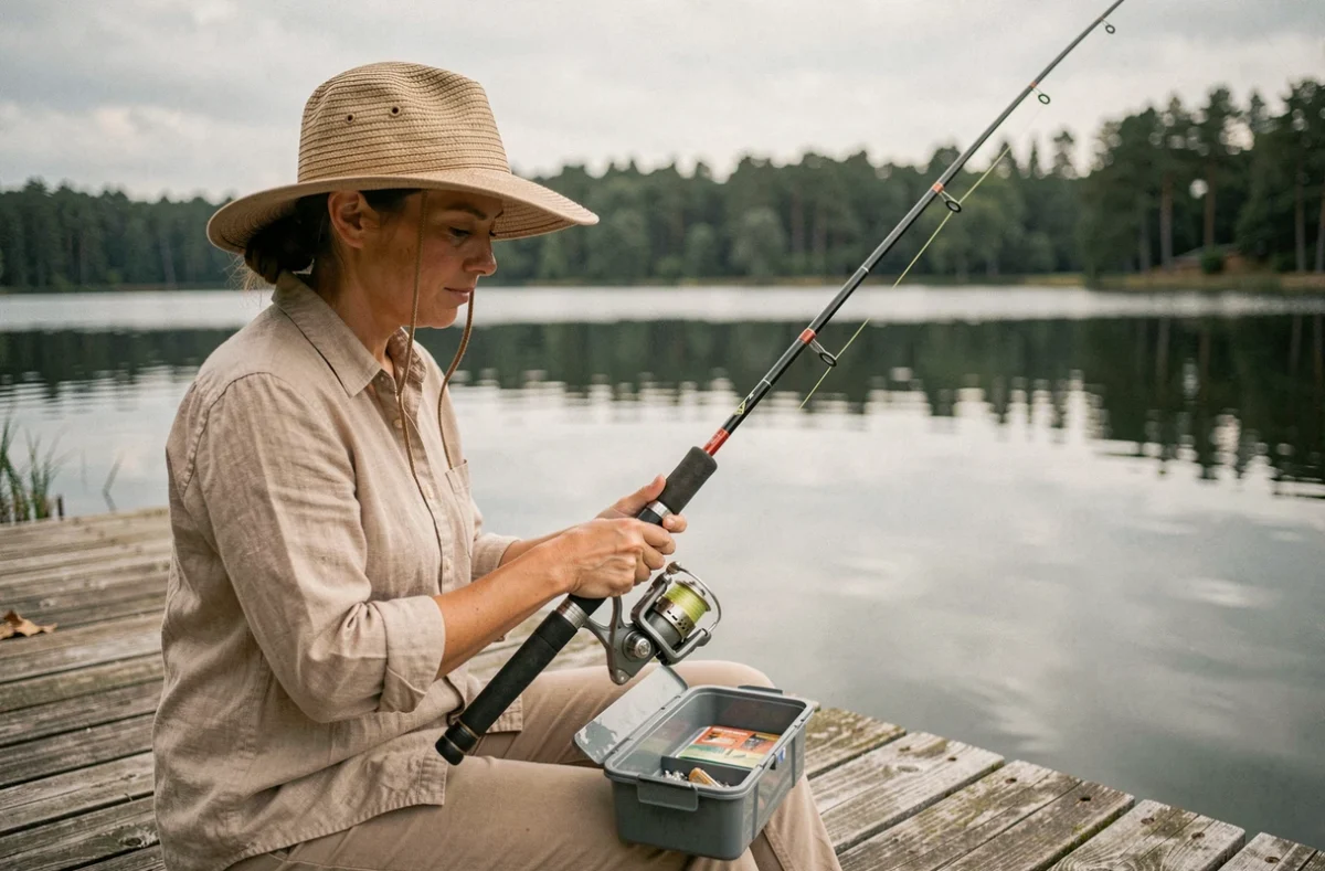 Femme pêcheuse assise sur un ponton en bois au bord d'un lac calme, inspectant son matériel de pêche moderne par temps nuageux