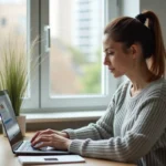 Femme cherchant des biens immobiliers sur un radar de recherche en ligne depuis son bureau à domicile