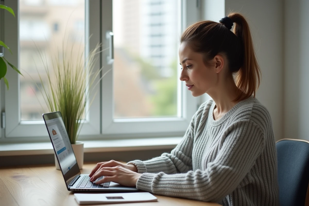 Femme cherchant des biens immobiliers sur un radar de recherche en ligne depuis son bureau à domicile