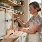 Femme qui repeint un meuble de cuisine en blanc avec un pinceau plat, entourée d'une ambiance chaleureuse et naturelle
