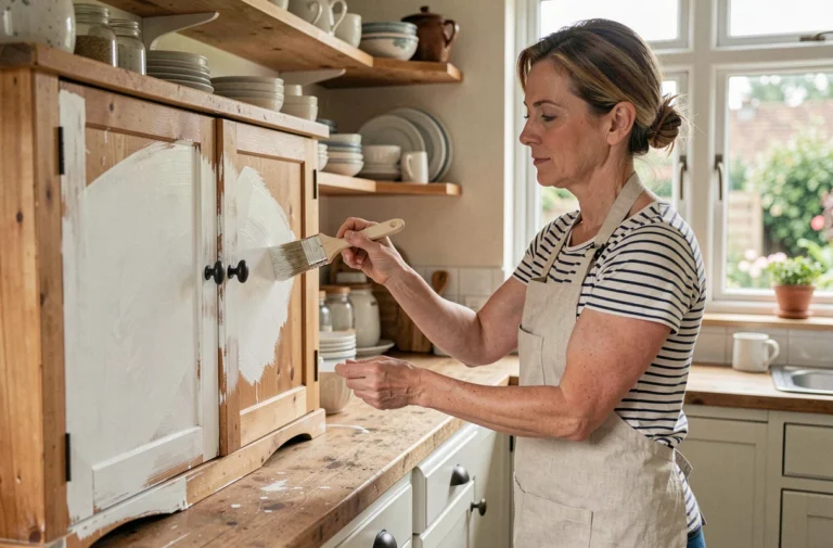 Femme qui repeint un meuble de cuisine en blanc avec un pinceau plat, entourée d'une ambiance chaleureuse et naturelle