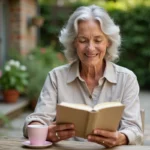 Femme senior souriante lisant un livre dans son jardin fleuri, profitant de sa retraite paisiblement