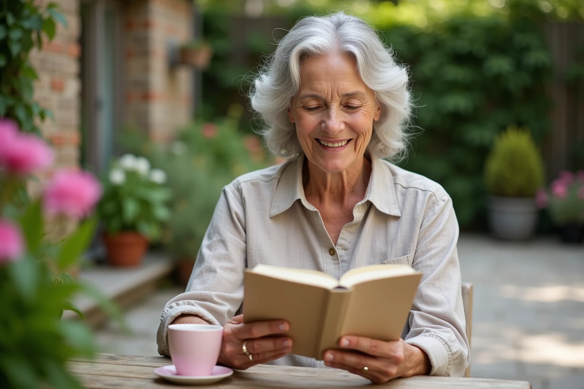 Femme senior souriante lisant un livre dans son jardin fleuri, profitant de sa retraite paisiblement