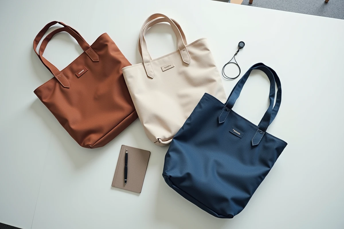Flat lay de totes bag isotoner de différentes couleurs disposés sur une table de réunion avec des accessoires corporate