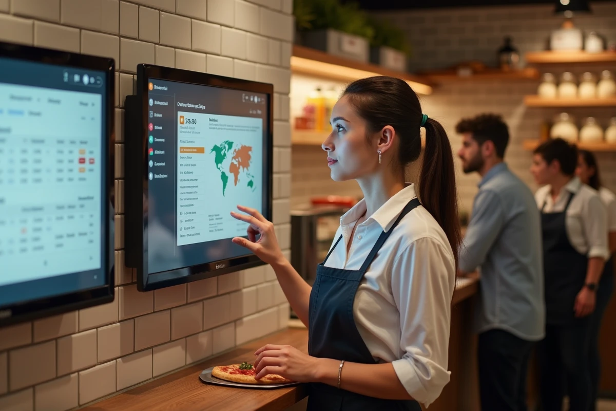Jeune femme gérante de pizzeria vérifiant commande
