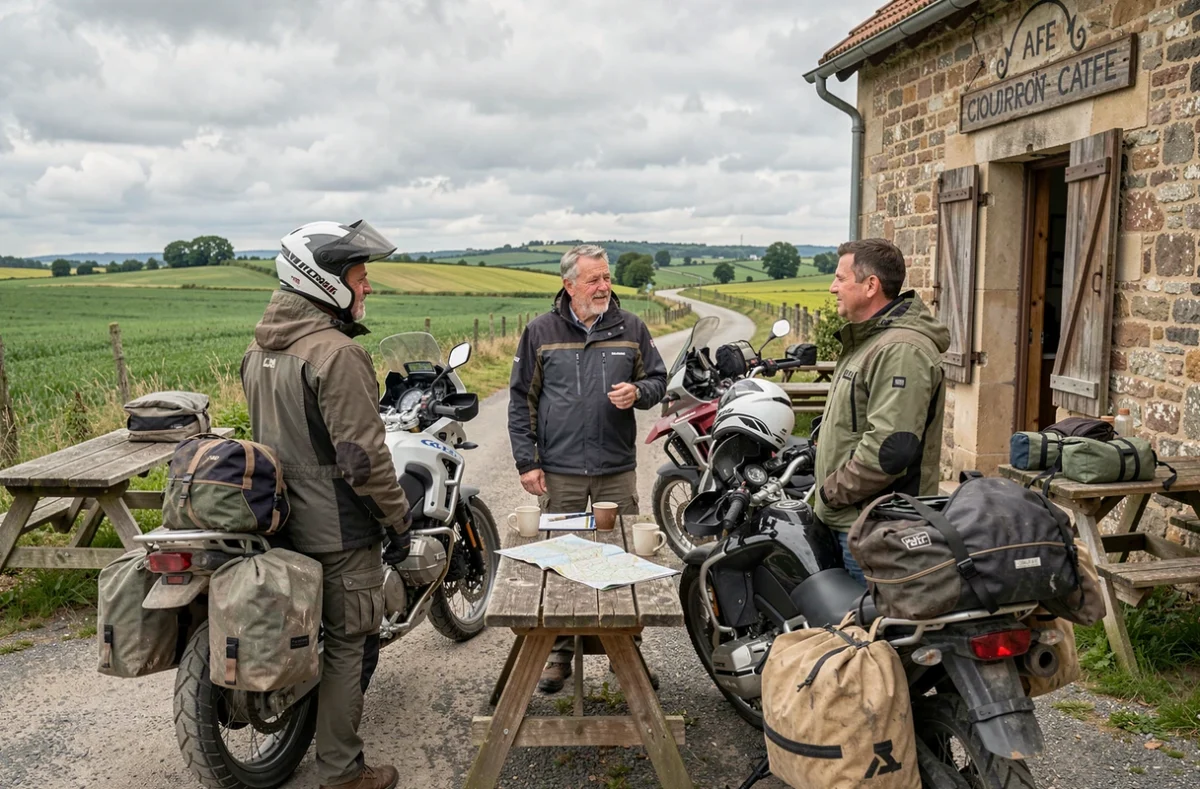 Groupe de motards en pause café devant une auberge de campagne française avec motos d'aventure et panorama de collines verdoyantes