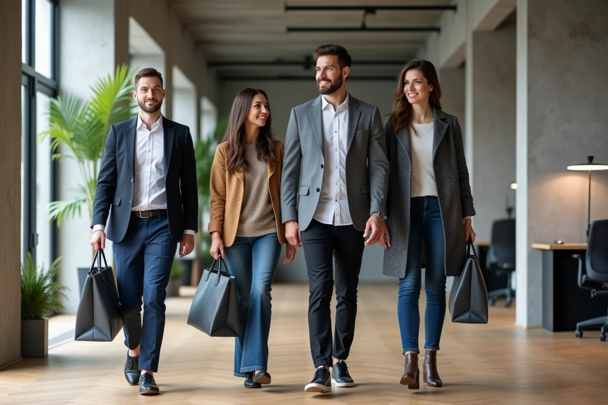 Groupe de salariés portant des totes bag isotoner assortis dans un couloir de bureau en open space contemporain