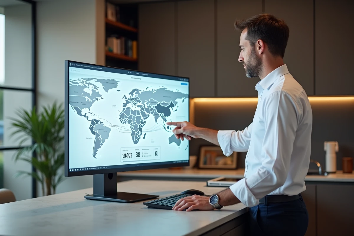 Homme analysant un tableau de bord radar immobilier avec carte des prix sur un ordinateur de bureau moderne
