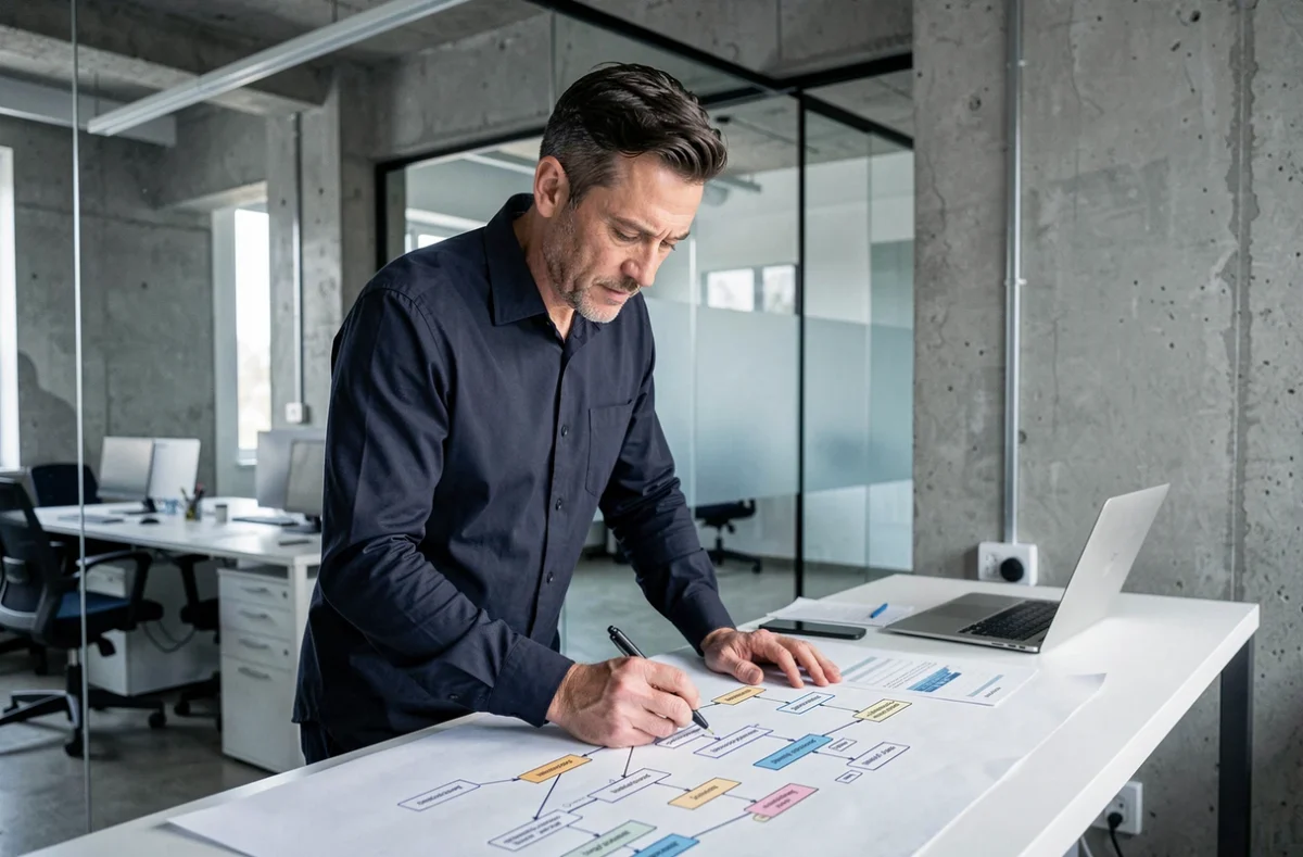 Homme professionnel annotant un plan de sitemap imprimé dans un open space moderne