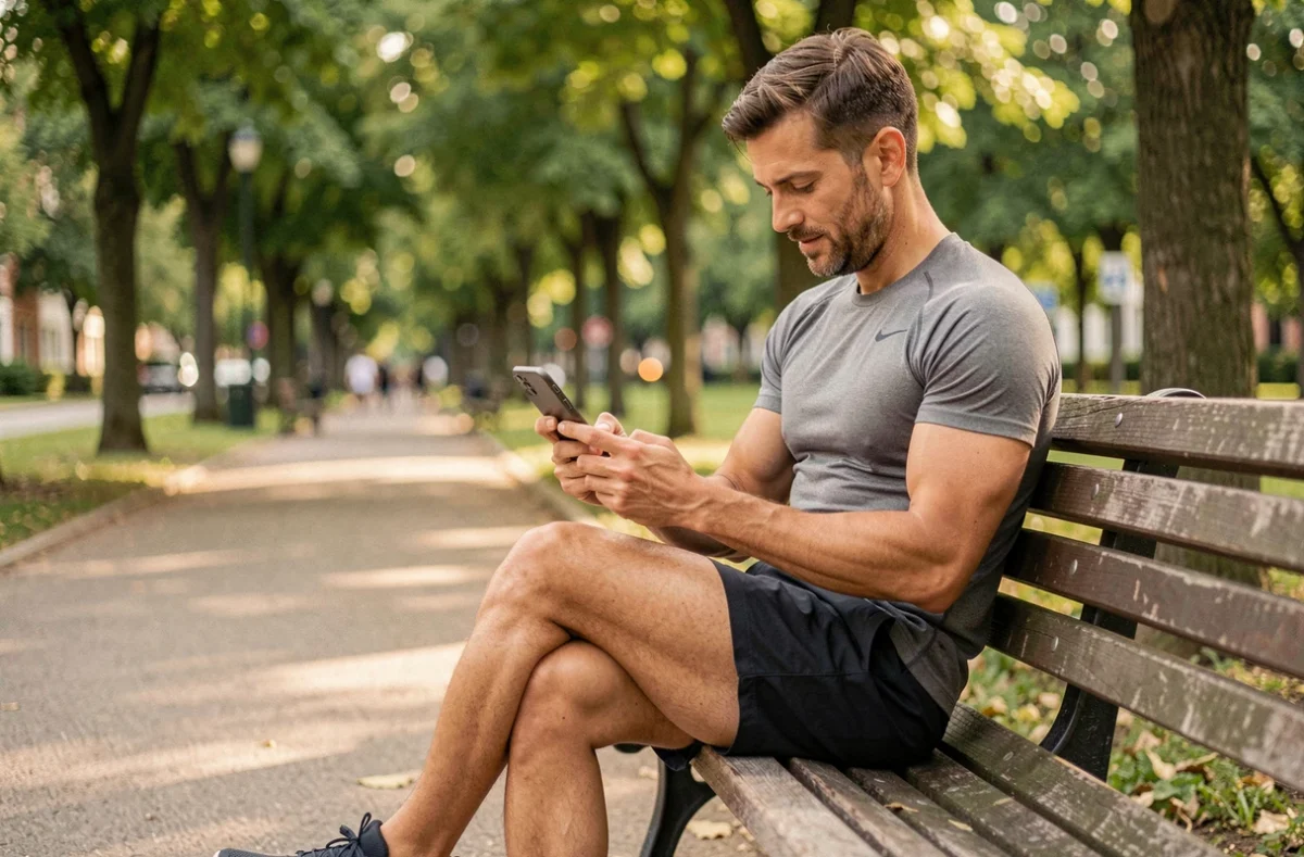 Homme consultant une application de bien-être sur smartphone dans un parc urbain après une séance sportive