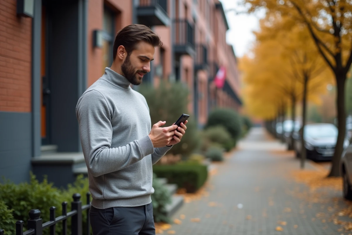 Homme consultant une application immobilière devant un immeuble rénové en automne dans un quartier résidentiel