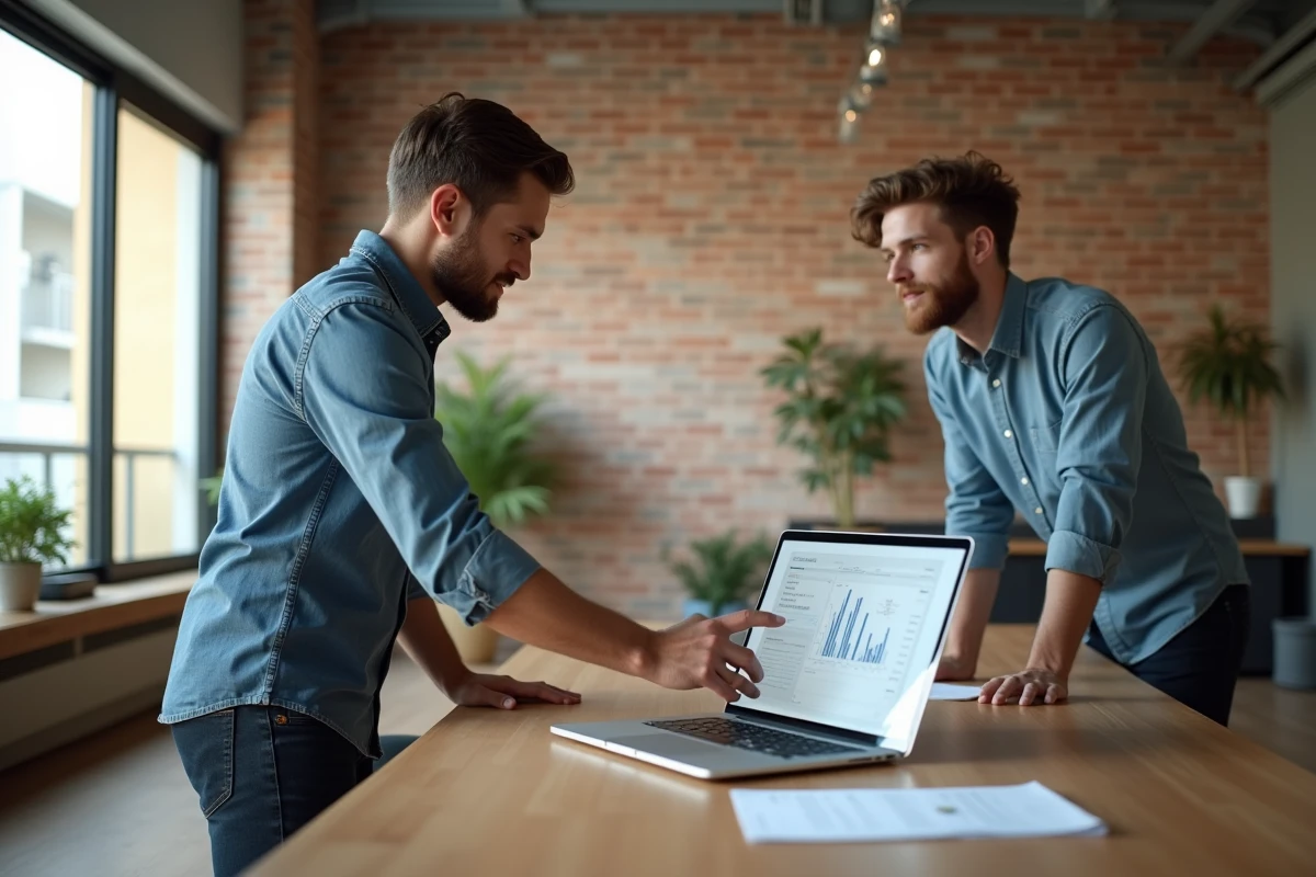 Homme en discussion avec collègue autour d un ordinateur portable