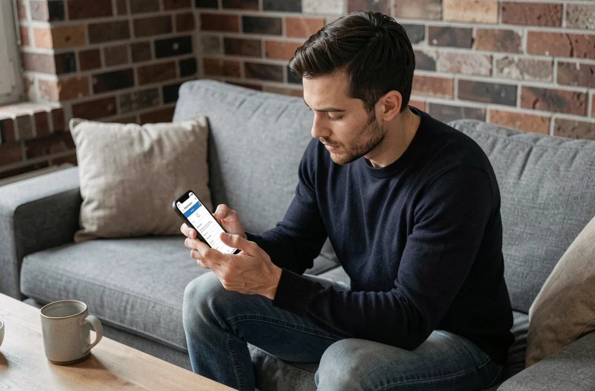 Homme consultant le formulaire de contact d'un site de shopping sur son smartphone dans un appartement moderne