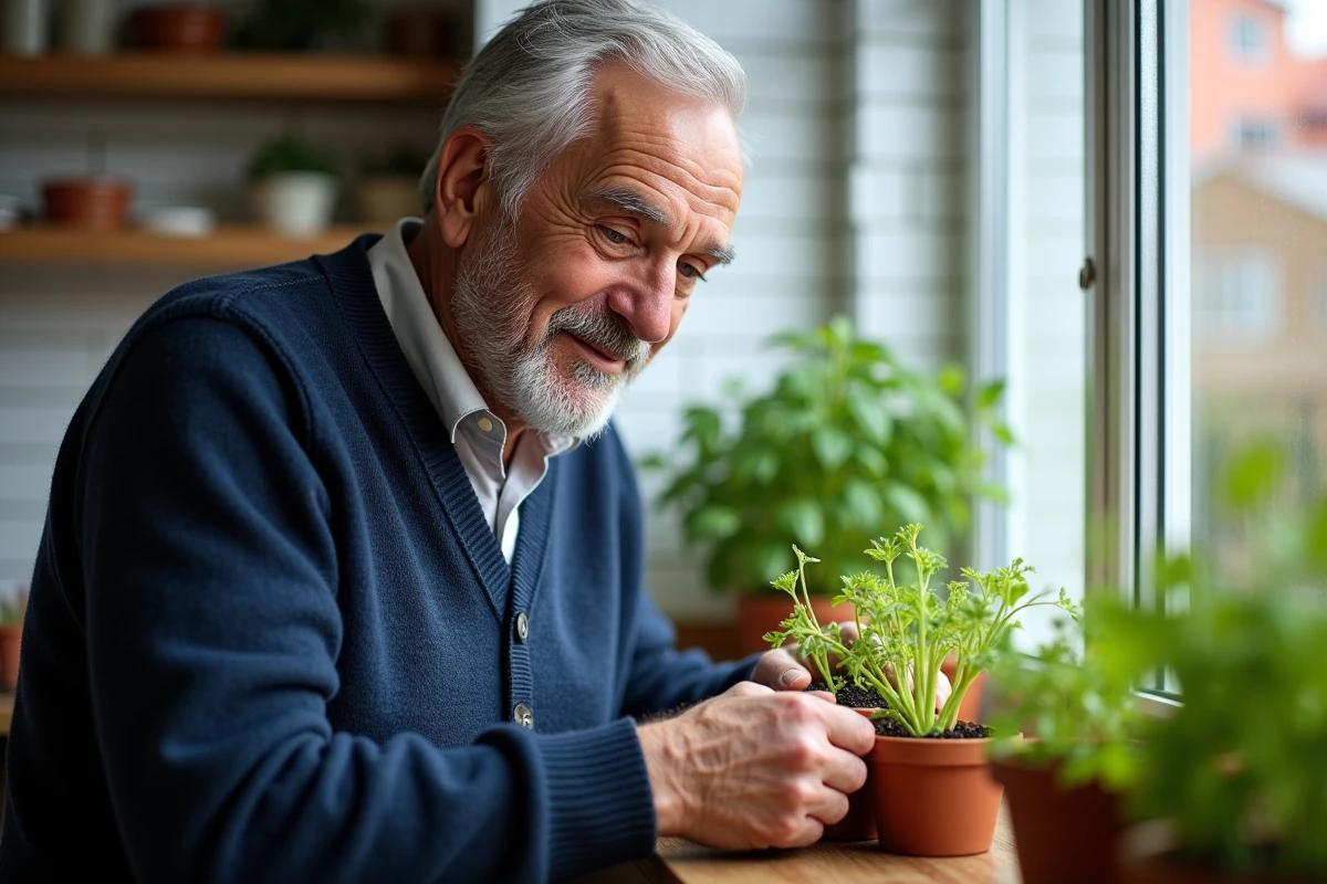 Homme senior cultivant des plantes aromatiques dans sa cuisine, symbole d'une retraite active et épanouissante