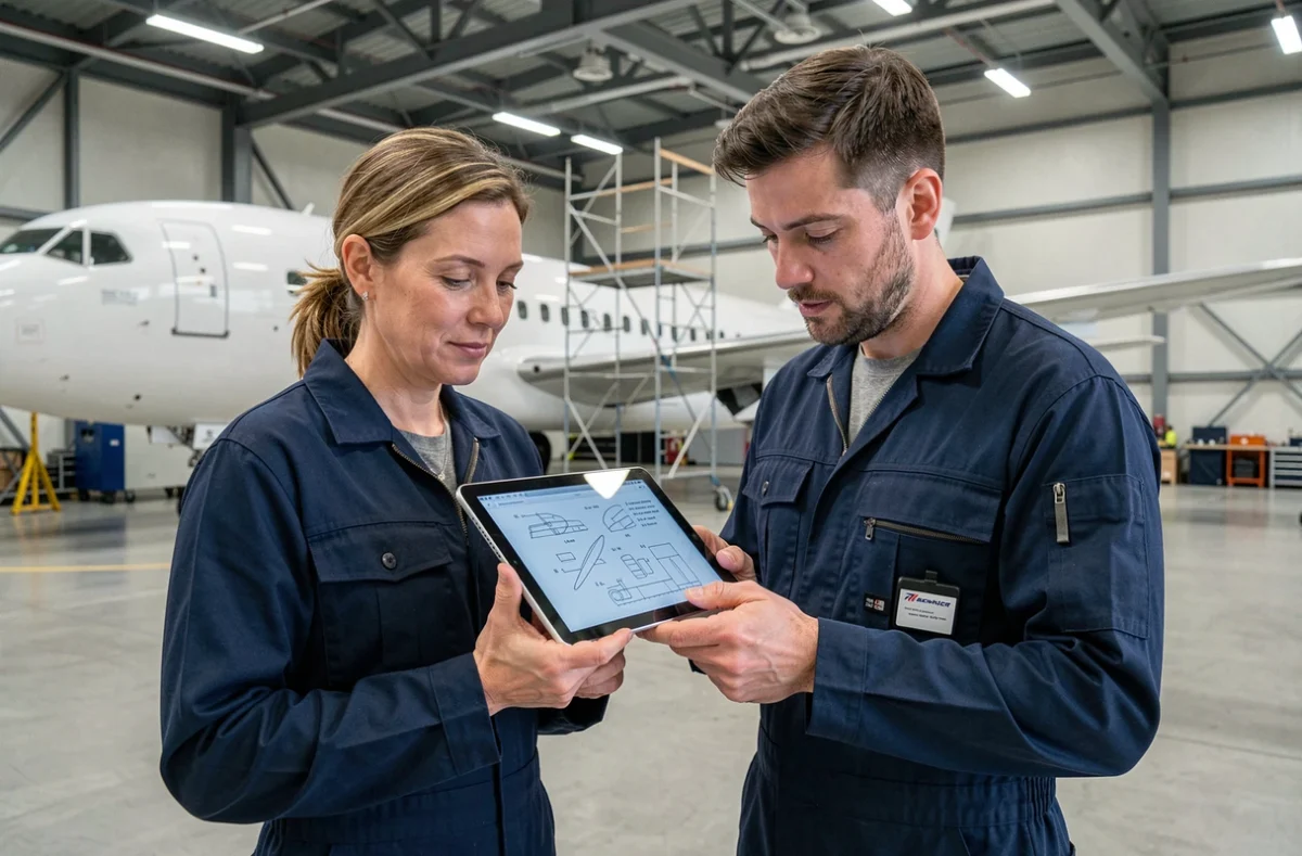 Ingénieurs aéronautiques examinant des schémas techniques sur tablette dans un hangar de recherche aéronautique, symbolisant l'innovation et les nouvelles tendances dans l'aviation