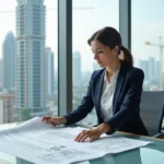 Investisseuse immobilière analysant des plans de propriété dans un bureau moderne avec vue sur la skyline urbaine