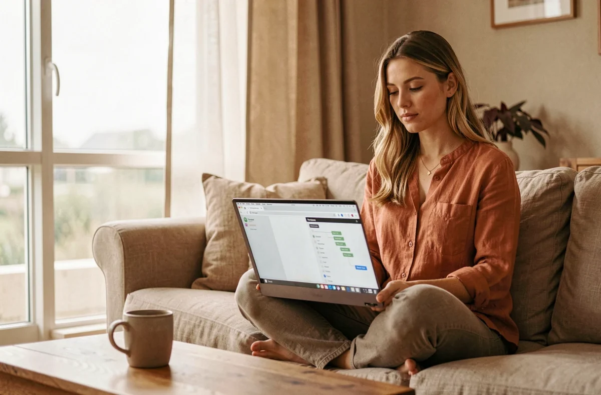Jeune femme consultant une page sitemap organisée sur son ordinateur portable dans un salon chaleureux