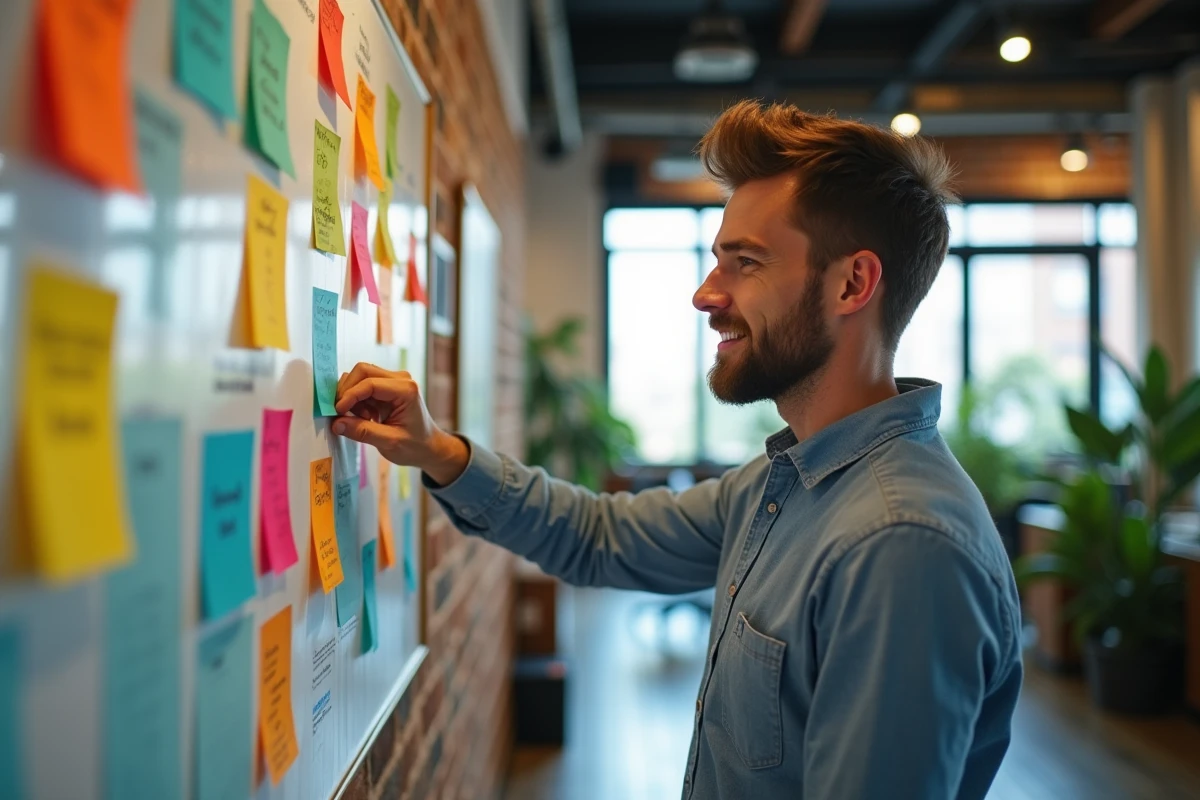 Jeune homme analysant un mur de notes colorées