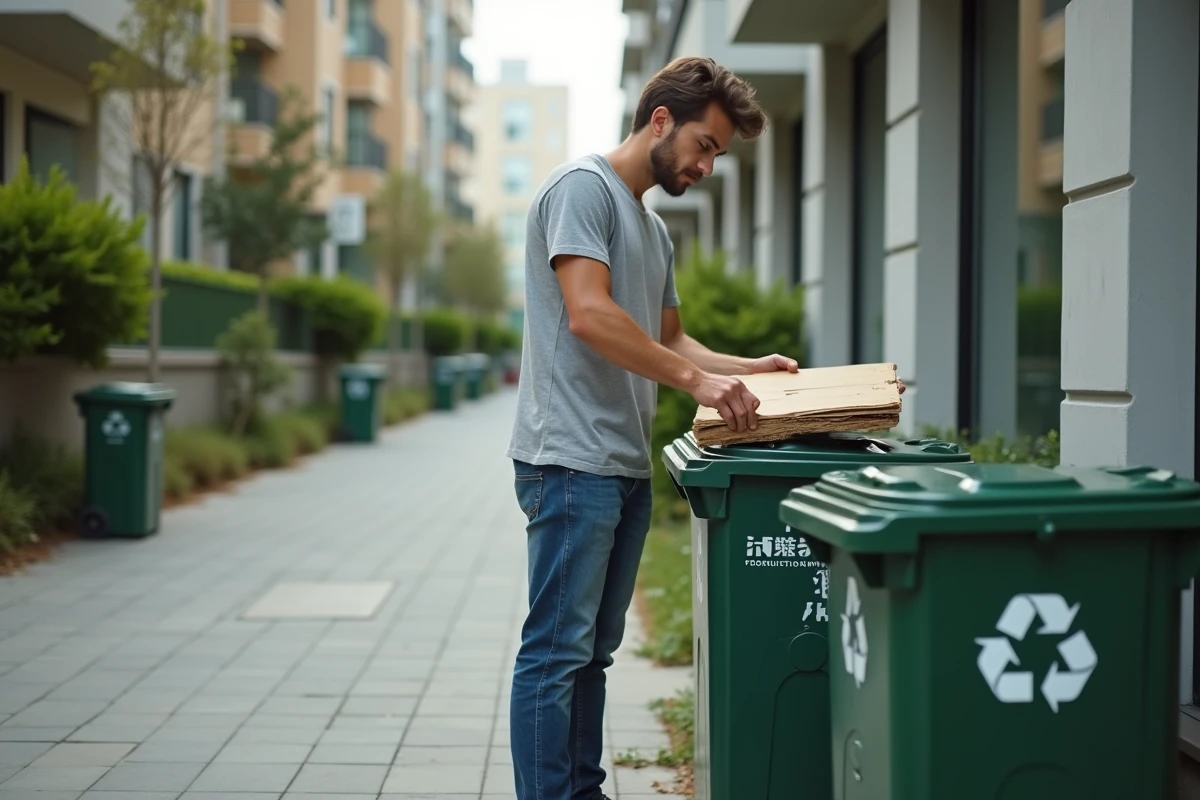 Jeune homme déposant une planche en plastique dans le bac de recyclage