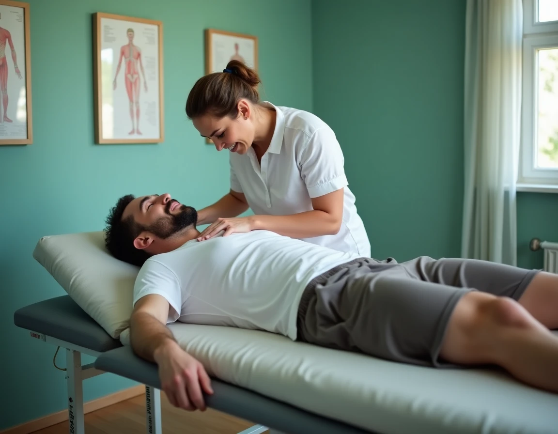 Homme en séance de kinésithérapie pour des douleurs chroniques liées à la somatopathie