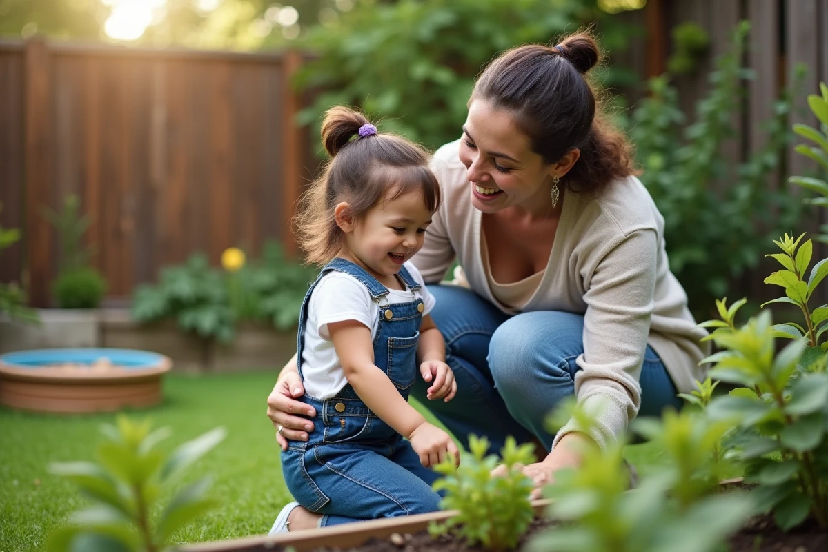 Maman aidant sa fille à arroser les plantes dans le jardin