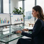 Professionnelle en marketing digital analysant des tableaux de bord de performance sur ordinateur dans un bureau moderne à Luxembourg