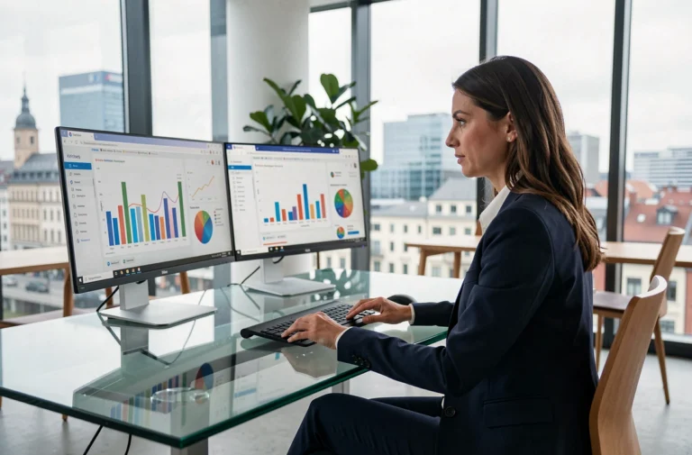 Professionnelle en marketing digital analysant des tableaux de bord de performance sur ordinateur dans un bureau moderne à Luxembourg