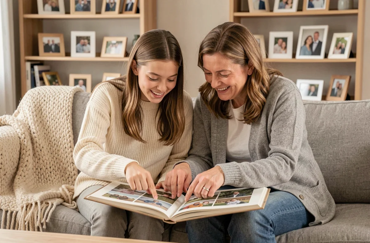 Mère et fille adolescente feuilletant un album photo ensemble sur un canapé, moment de complicité et de partage familial