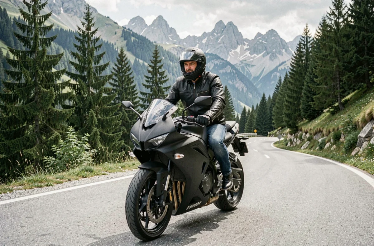 Motard en veste en cuir noir assis sur une moto sportive sur une route de montagne sinueuse dans les Alpes françaises