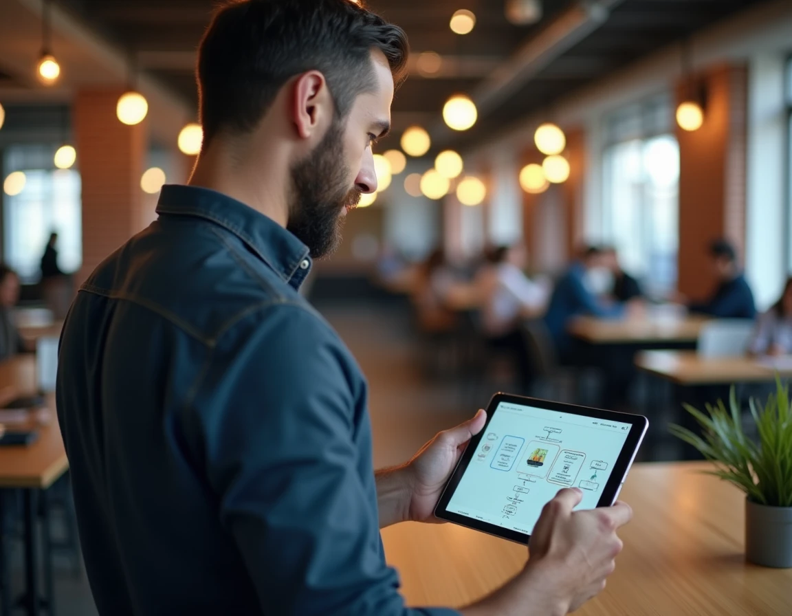 Homme utilisant une tablette pour naviguer sur un plan de site dans un espace de coworking