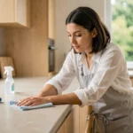 Femme nettoyant le plan de travail de sa cuisine avec un chiffon en microfibre et un spray, astuce ménage quotidien