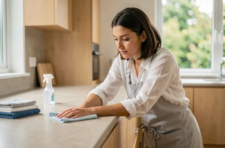 Femme nettoyant le plan de travail de sa cuisine avec un chiffon en microfibre et un spray, astuce ménage quotidien