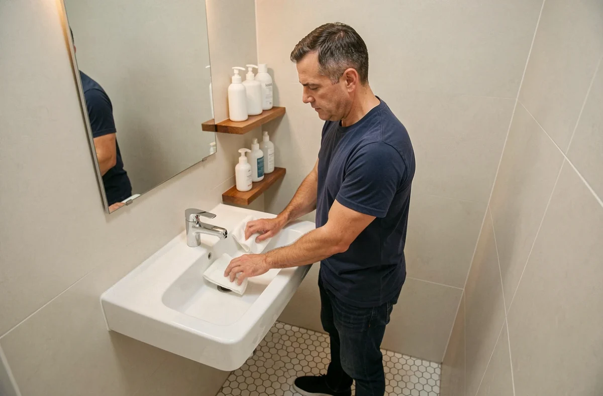Homme entretenant l'évier de sa salle de bain avec un chiffon blanc, routine de nettoyage maison