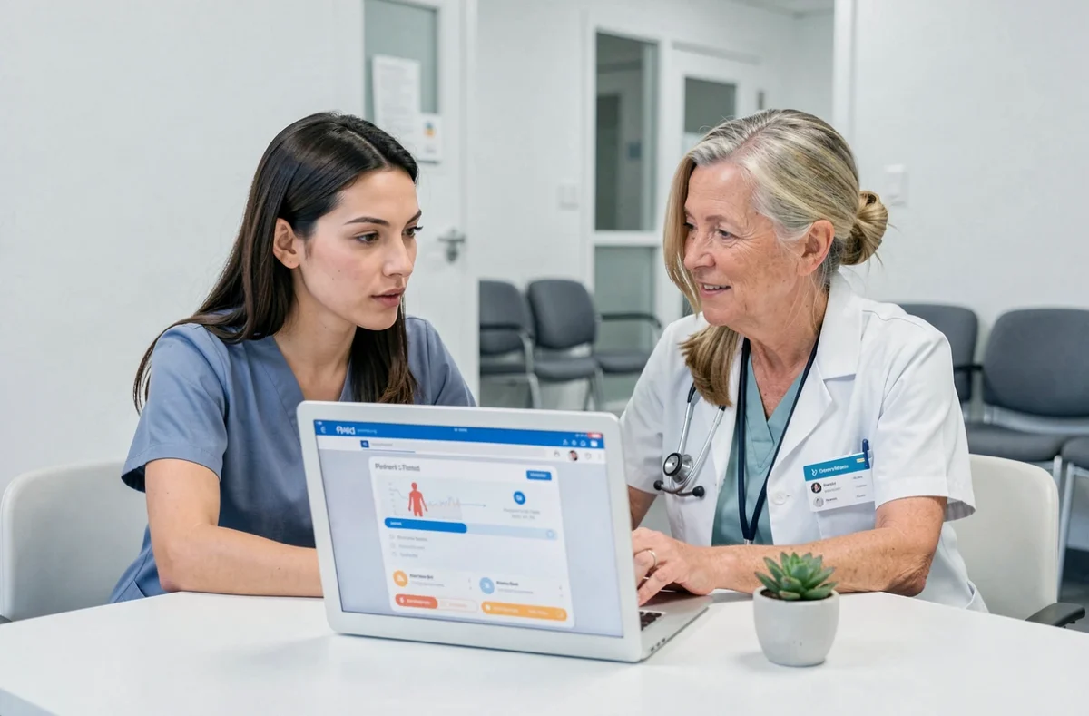 Patiente et professionnelle de santé consultant ensemble un assistant santé numérique dans une clinique moderne