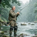 Pêcheur à la mouche en waders debout dans une rivière forestière, lançant sa canne avec précision dans un cadre naturel verdoyant