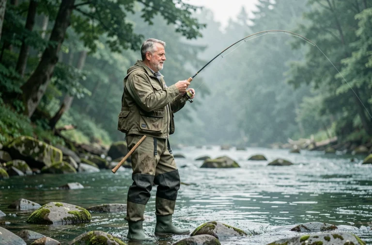 Pêcheur à la mouche en waders debout dans une rivière forestière, lançant sa canne avec précision dans un cadre naturel verdoyant