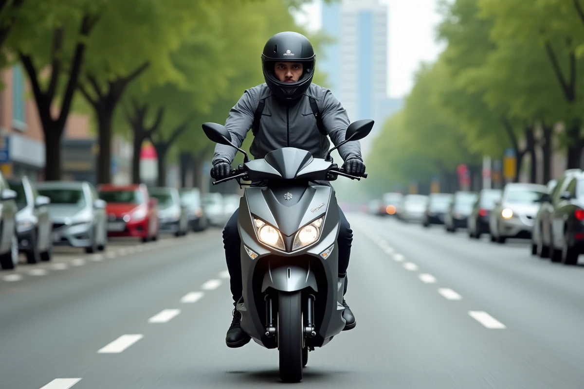 Pilote en veste textile grise sur un Yamaha XMAX 125 en mouvement sur un boulevard urbain, effet de filé suggérant la vitesse de croisière