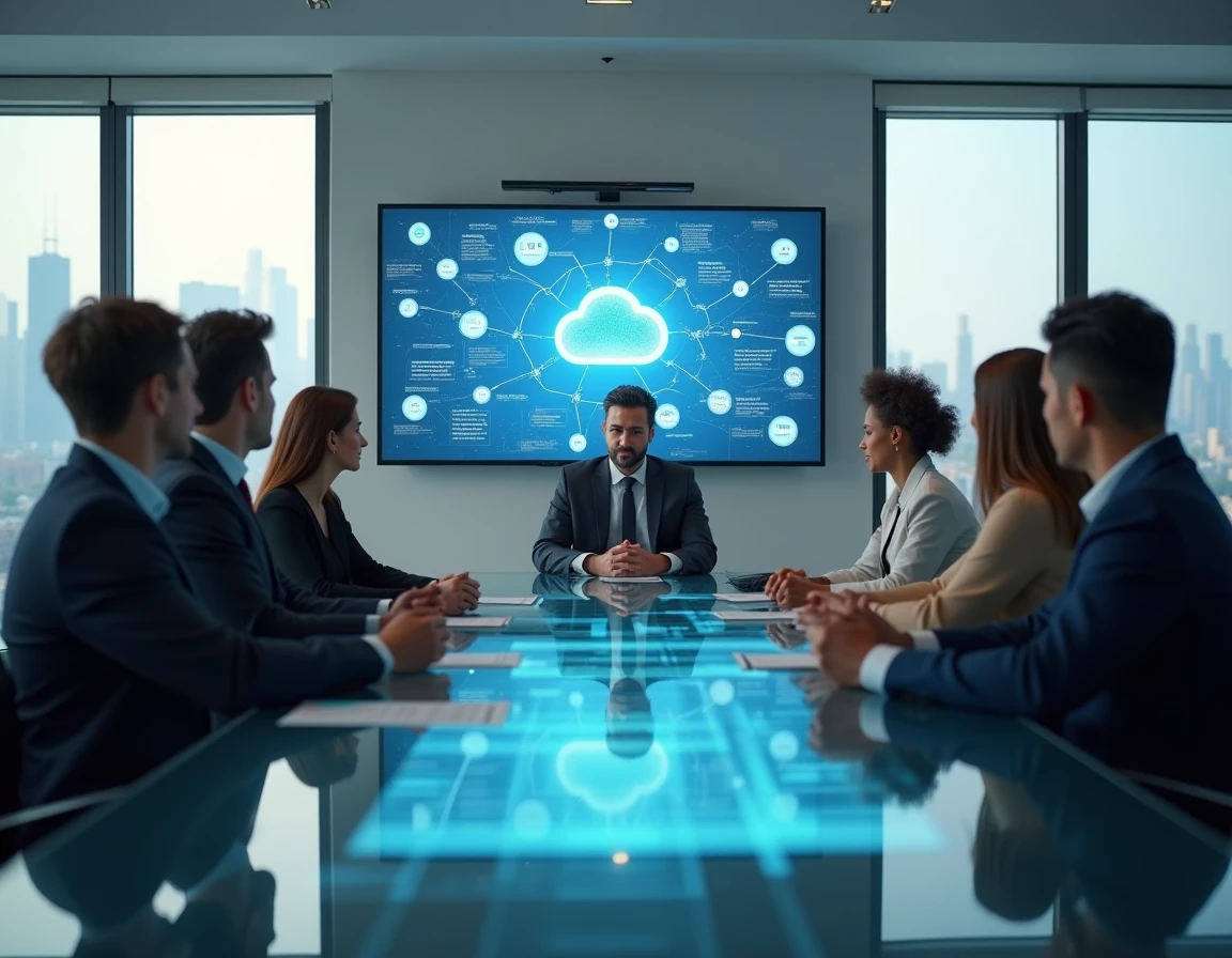 Équipe de direction en réunion stratégique autour d'un écran interactif présentant une feuille de route de digitalisation, symbolisant les enjeux de la transformation numérique en entreprise