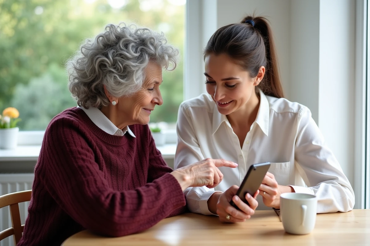 Femme senior apprenant à utiliser WhatsApp sur téléphone Doro avec l'aide de sa fille à table