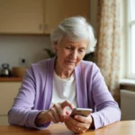 Senior femme utilisant un téléphone Doro pour envoyer un message WhatsApp dans une cuisine chaleureuse