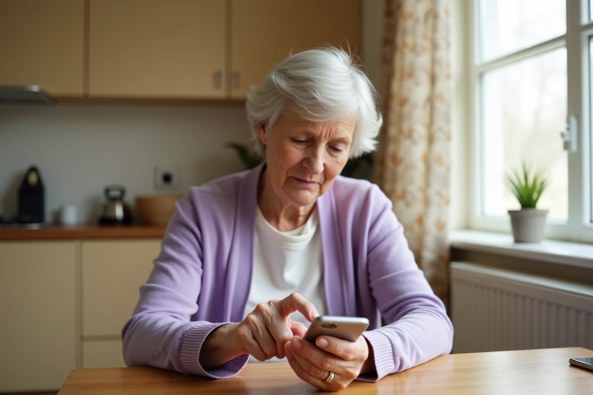 Senior femme utilisant un téléphone Doro pour envoyer un message WhatsApp dans une cuisine chaleureuse