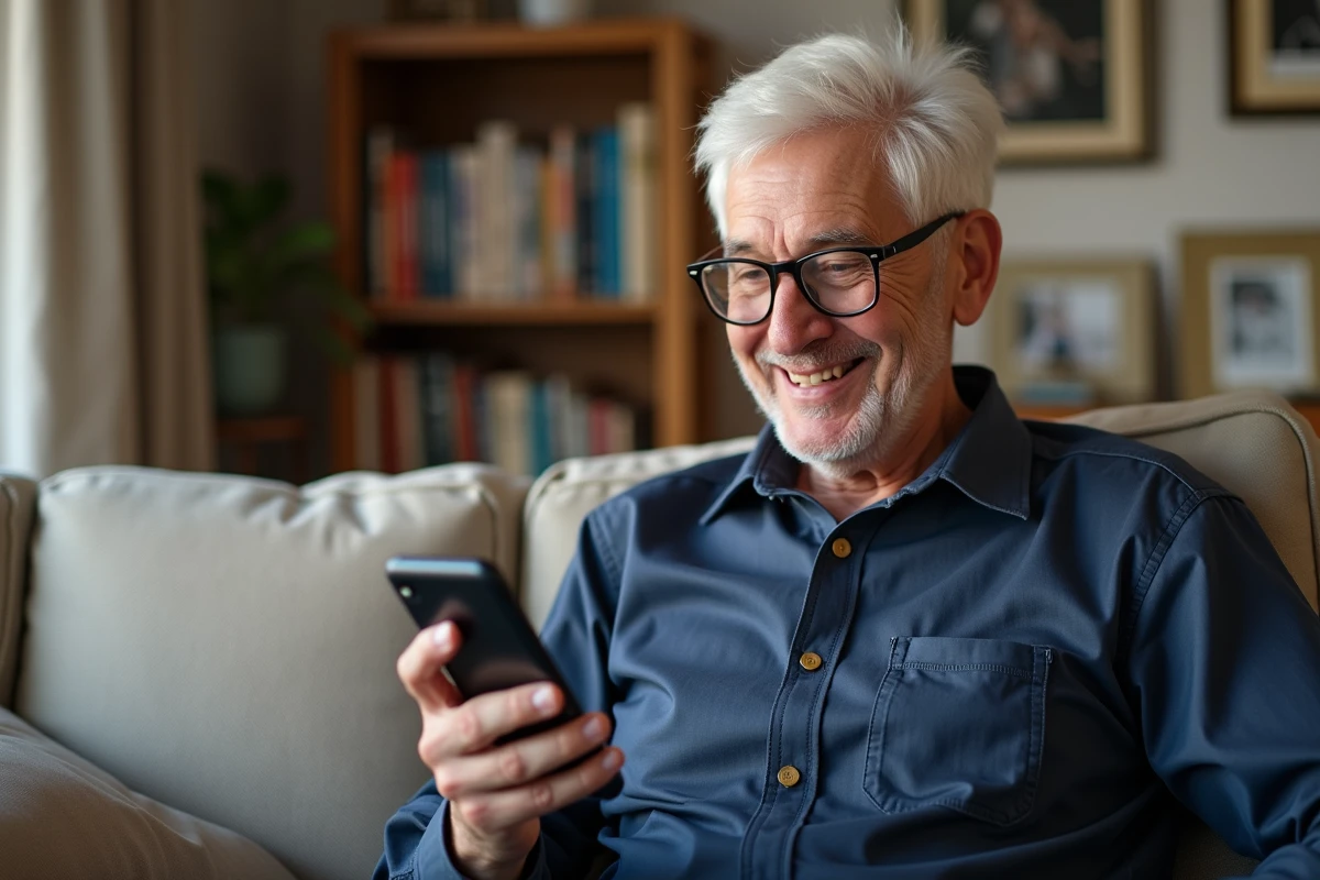 Senior homme âgé en appel vidéo WhatsApp sur smartphone Doro dans un salon confortable