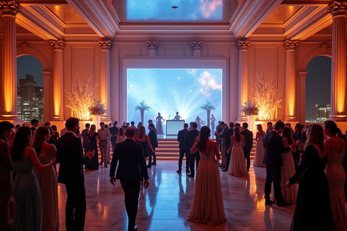 Vue grand angle d'une soirée privée luxueuse avec scène DJ et foule élégante dans un grand ballroom