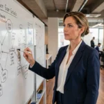 Femme dirigeante présentant des stratégies de performance entreprise sur un tableau de verre en open space moderne