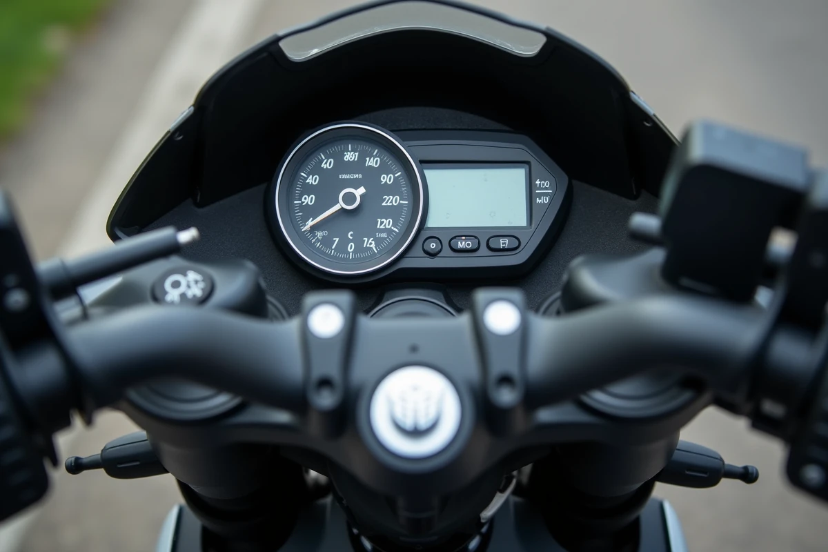 Gros plan sur le tableau de bord numérique du Yamaha XMAX 125 montrant le compteur de vitesse, l'indicateur de rapport et les commandes au guidon