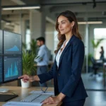 Femme cadre en entreprise utilisant des outils numériques de gestion sur plusieurs écrans dans un open space moderne, illustrant la transformation digitale des organisations