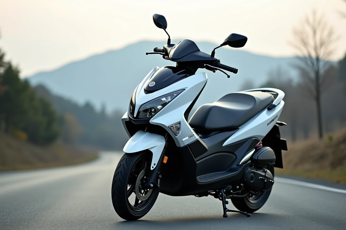 Yamaha XMAX 125 blanc garé sur une route asphaltée en montagne, vue trois-quarts avant mettant en valeur le carénage et le tableau de bord numérique